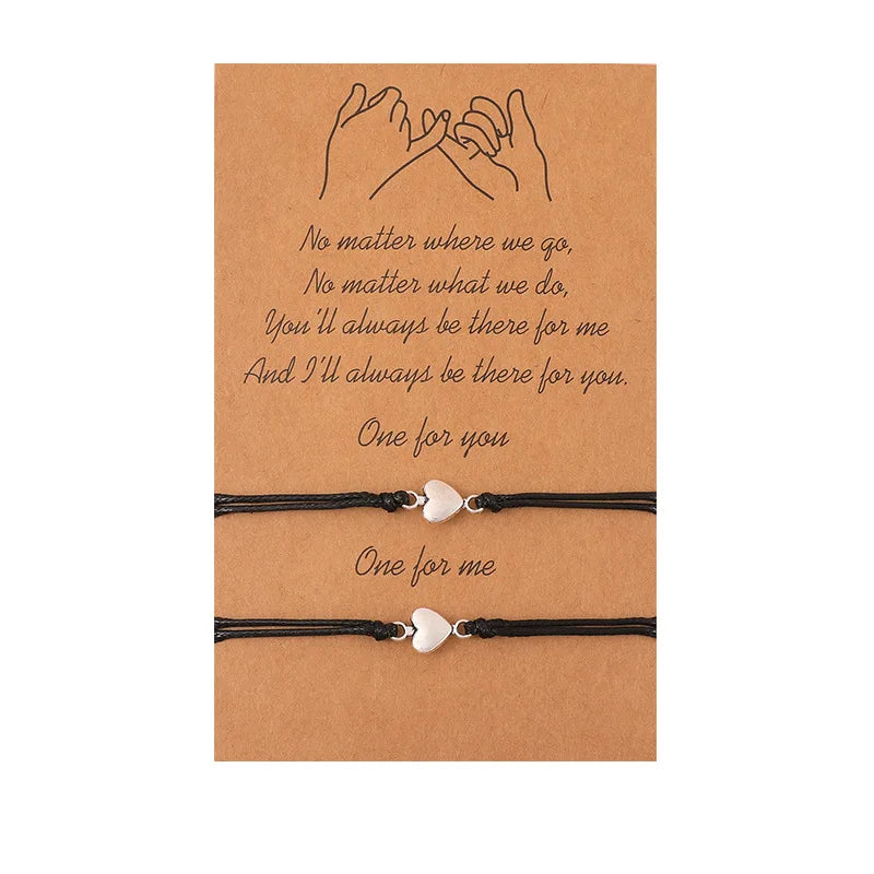 Handmade Adjustable 2Pcs/Set Wax Rope String Alloy Love Heart Bracelets for Couple Best Friends Card Bracelet Jewelry