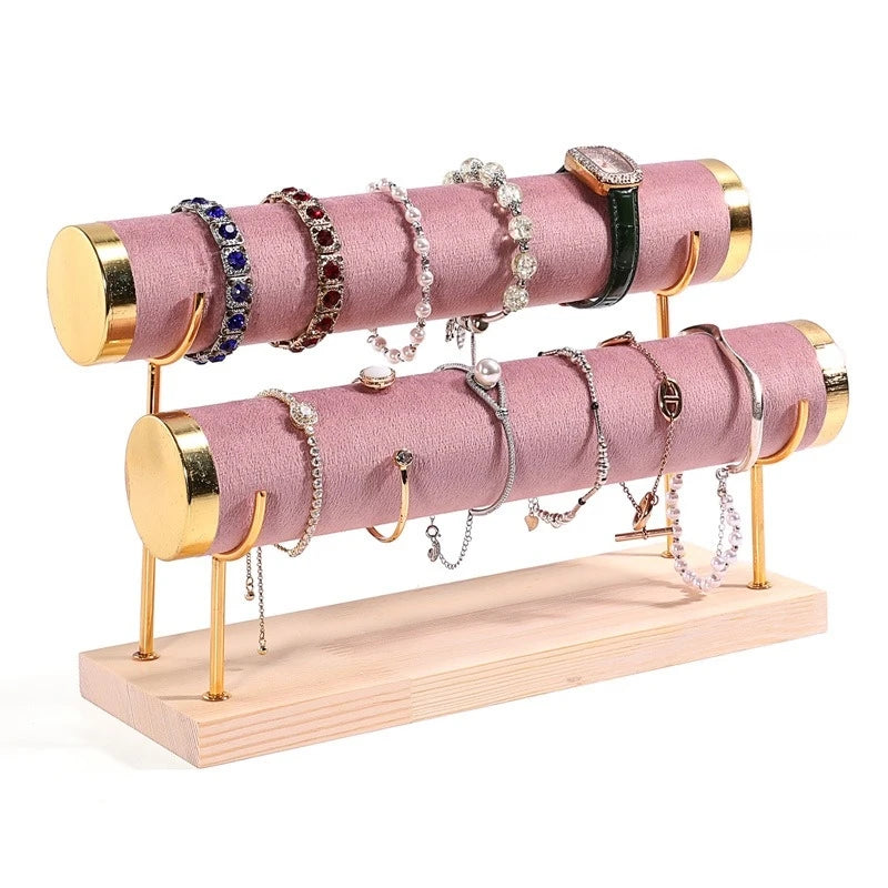 Popular Trend 2-Bar Gold Wood Microfiber Leather Jewelry Bracelet Display Stand Prop Holder