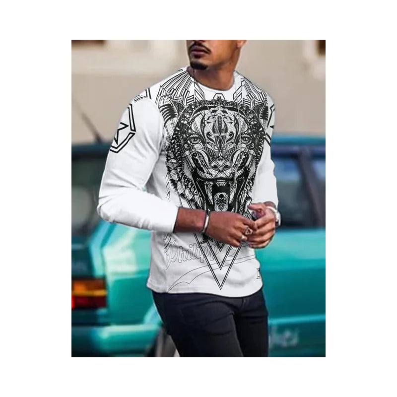 Men's Oversized Loose Fit High Quality 3D Digital Printing Casual Round Neck Long Sleeved T-Shirt Foreign Trade