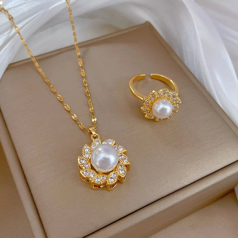 Shining Luxury No Fading Titanium Steel Necklace Pearl Pendant Necklace for Women Stainless Steel Chain Choker Pearl Ring