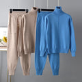 One Size Leisure Fashion Set High Collar Solid Sweater Knitted Pullover Pocket Drawstring Pants Two Piece Set