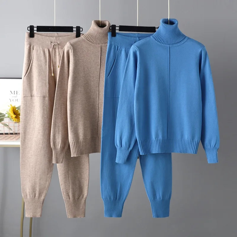 One Size Leisure Fashion Set High Collar Solid Sweater Knitted Pullover Pocket Drawstring Pants Two Piece Set