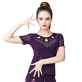 New Round Neck Hollow Design Wtih Diamond Petals Short Sleeve Plus Size Top T-shirt for Women Dance Sport Wear