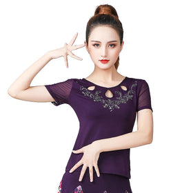 New Round Neck Hollow Design Wtih Diamond Petals Short Sleeve Plus Size Top T-shirt for Women Dance Sport Wear
