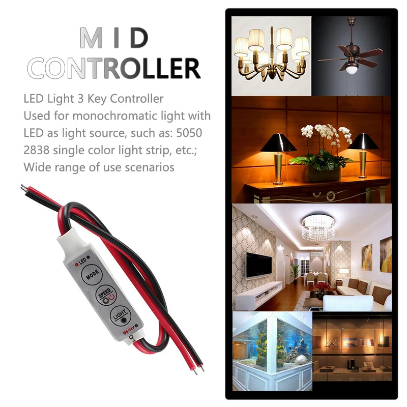 Lebeisenf Mini LED Controller DC 12V 24V 12A Constant Voltage PWM 1-Channel Single Colour Strip Lights 2-Pin Solder Cable Dimmer