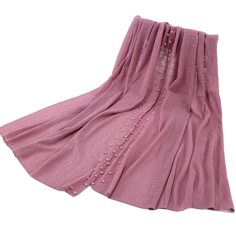 New Design Soft Long Islam Shawls Pleated Pearl Bubble Chiffon Crinkle Hijab for Muslim Women Head Scarf Shawls