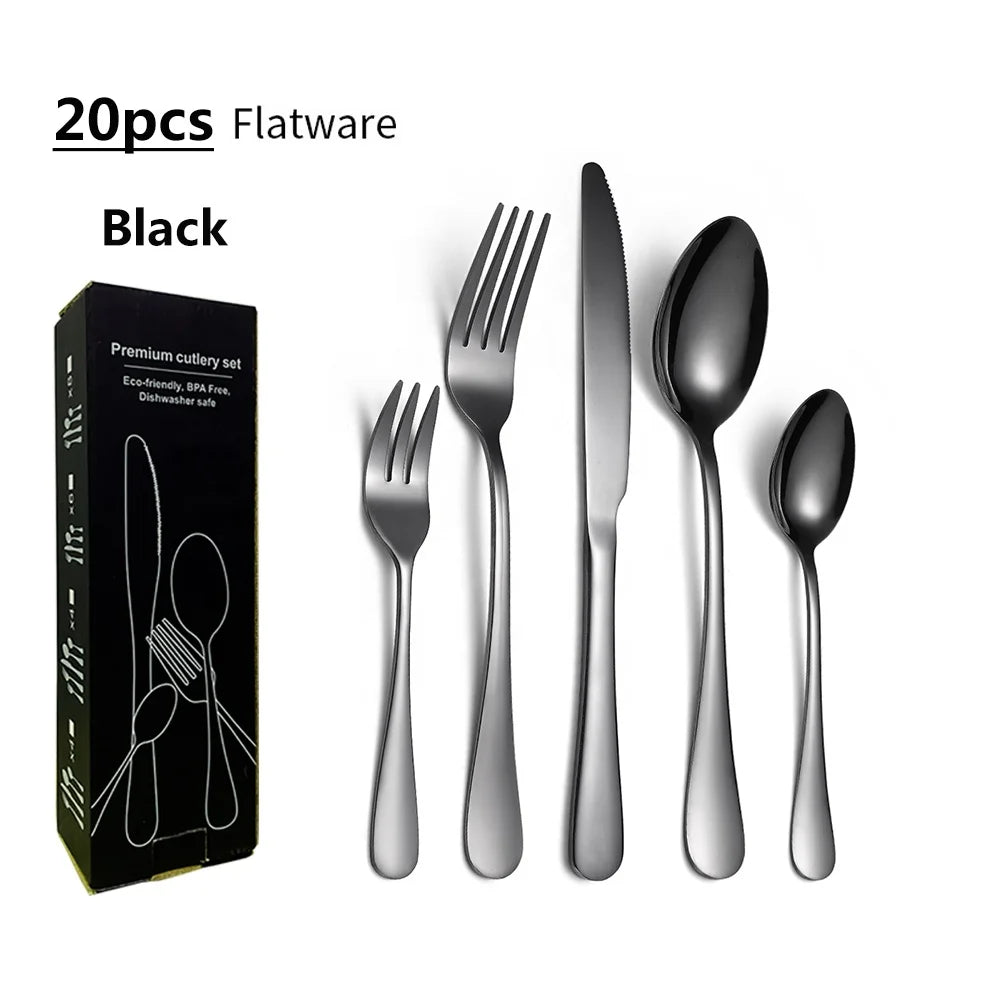 Dishwasher Safe Black Stainless Steel Mirror Polish Minimalist Design 20pcs Cutlery Set Titanium Colorful Plated