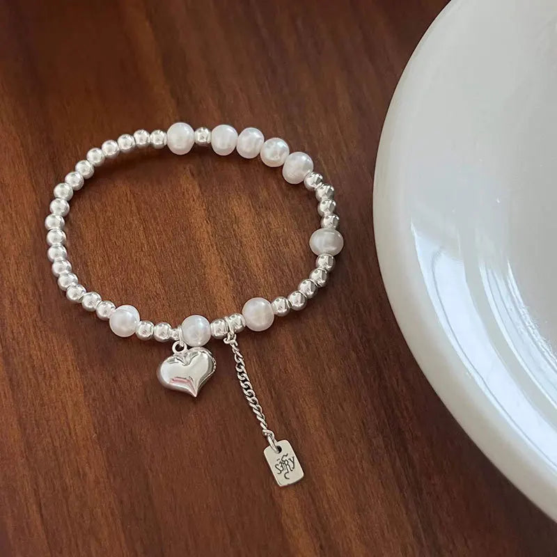 925 Sterling Silver Handmade Beaded Bracelet Pearl Bracelet with Heart Charm
