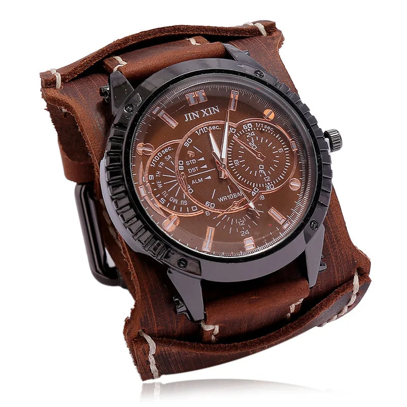 European and American Punk Jewelry Exaggerated Men's Leather Bangle Retro Handmade Stitched Cowhide Quartz Watch