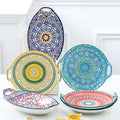 Nordic High Temperature Non Slip Round Baking Pan Tableware Ceramic Plate With Handle