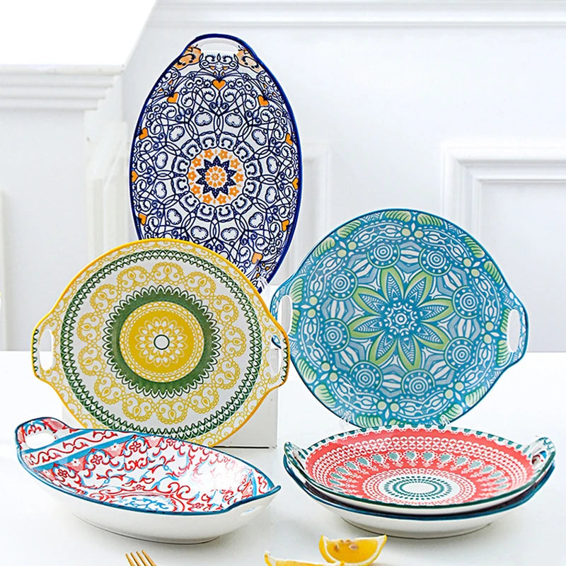 Nordic High Temperature Non Slip Round Baking Pan Tableware Ceramic Plate With Handle