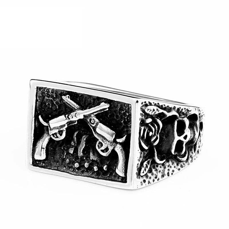 OAHLAN Wholesale Fashion Jewelry Punk Skull Double Gun Stainless Steel Rings for Men Party