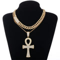 Hot Sale Hiphop Iced Trendy Fashion Full Drill Alloy Jewelry Ancient Circle Ankh Cross Pendant with Chain Necklace Set