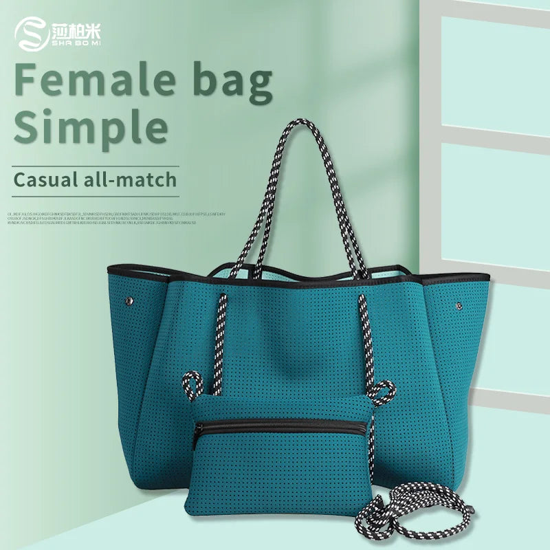 SinoDiving Women's Large Capacity Outdoor Neoprene Tote Bag Perforated Beach Bag Casual Hand Strap Self-Designed Swim Dive