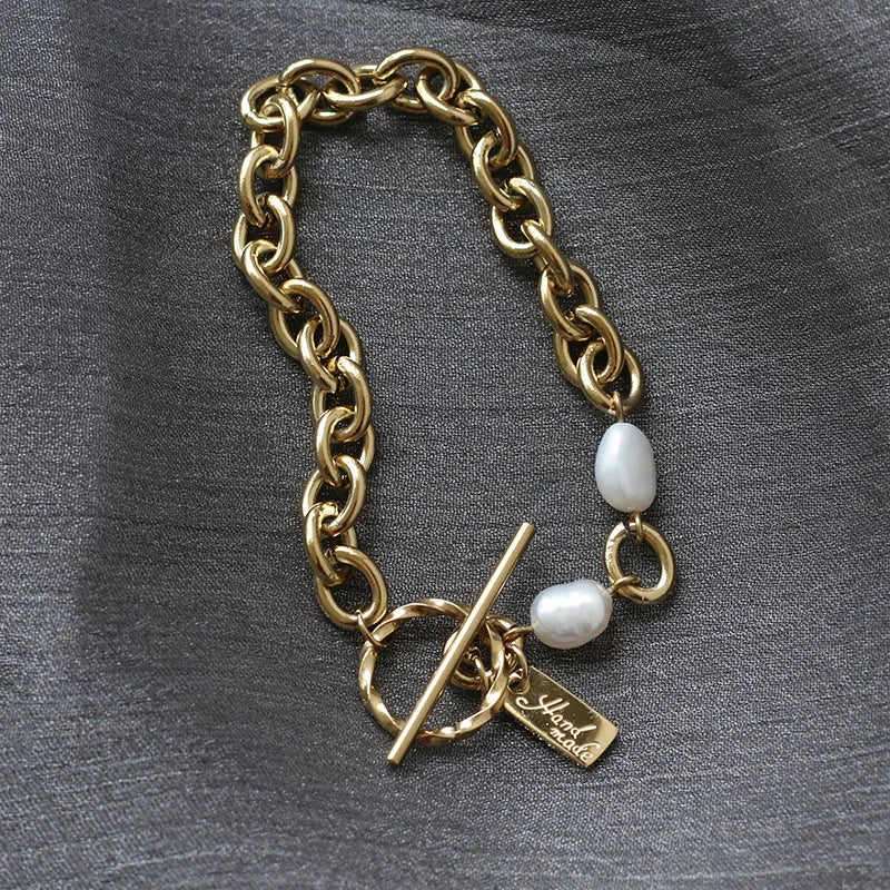 Moge Fine Jewelry 18k Gold Plated Stainless Steel Thick Chain Fresh Water Pearl Toggle Bracelet Girls