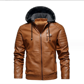 Wholesale Autumn and Winter Stand Collar Casual Youth Zipper Zipper Plus Fleece Spot Hooded Men's PU Leather Coat
