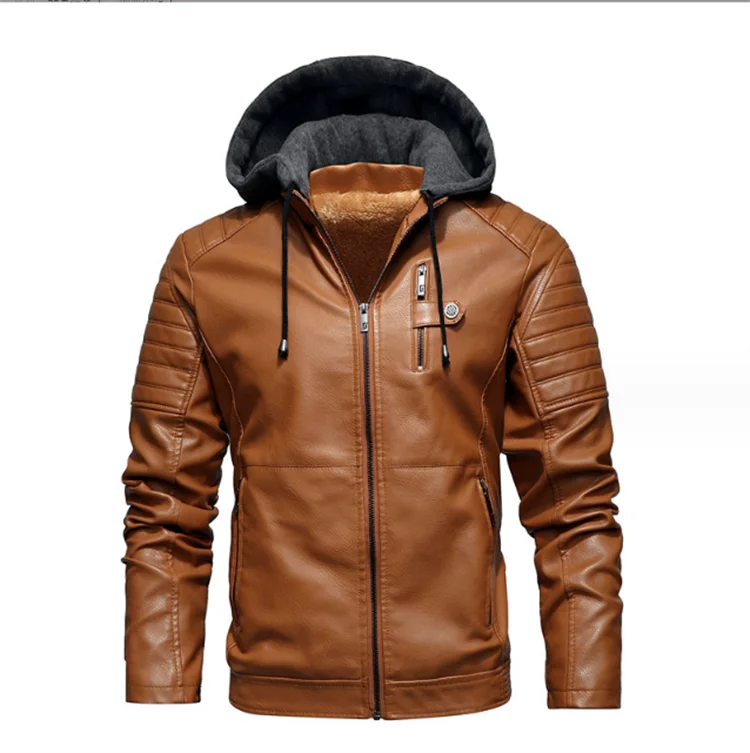 Wholesale Autumn and Winter Stand Collar Casual Youth Zipper Zipper Plus Fleece Spot Hooded Men's PU Leather Coat