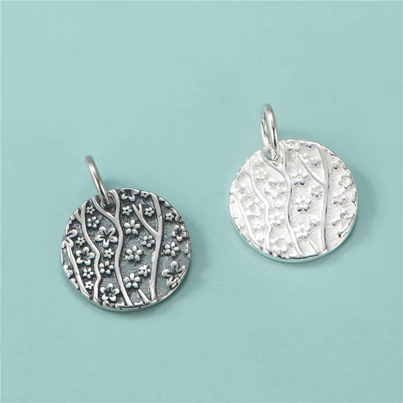 14mm New Design 925 Sterling Antique Silver Cherry Blossoms Disc Charm Pendant With Ring for Jewelry Making