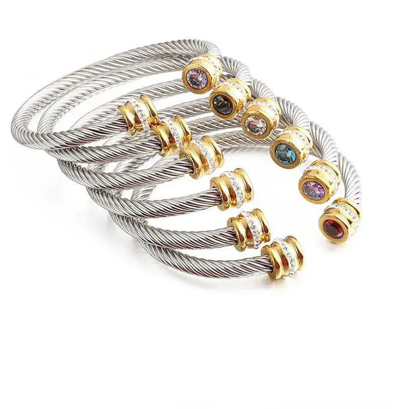 December Bangles Waterproof Plated Stainless Steel Jewelry Party Gift Twist Pave Opening Nature Stone Bangles