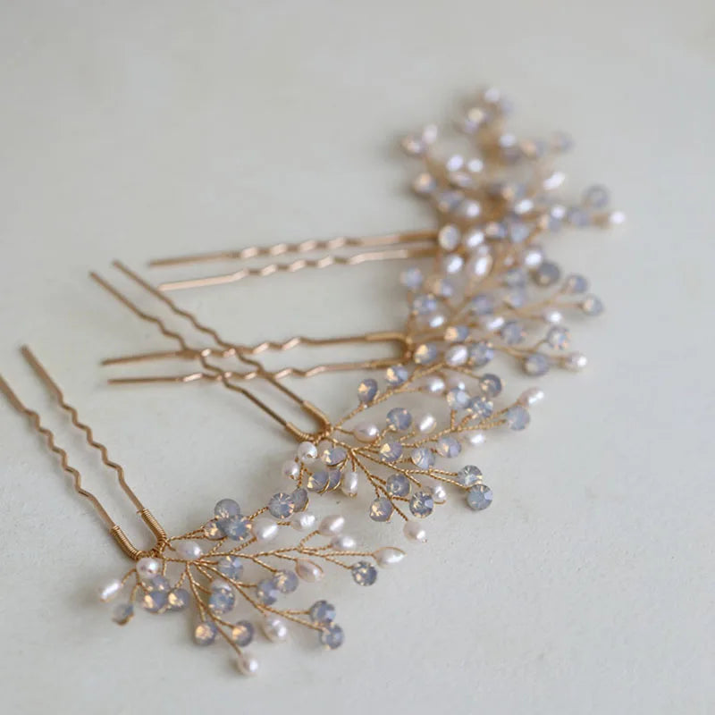 SLBRIDAL Handmade Opal Crystal Freshwater Pearls Bridal Hair Pin Set Wedding Hair Sticker Women Jewelry Hair Accessories