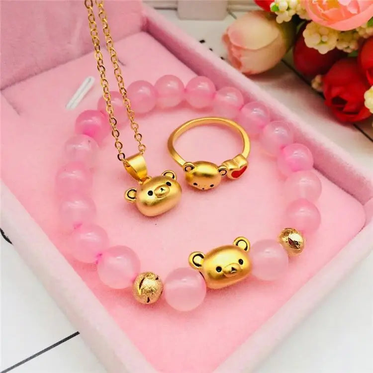 Dubai Gold  Sand Gold Jewelry Brass Gold Plated Jewelry Love Bear Pendant Ring Bracelet Ladies Bear Set