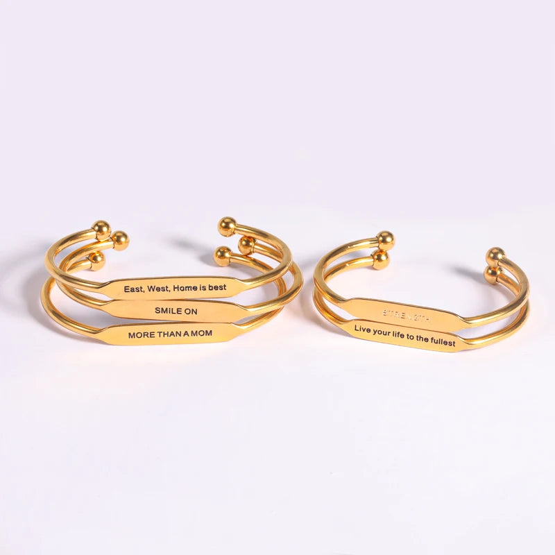Popular Stainless Steel 18k Gold Plated Inspirational Jewelry Adjustable Bracelet Custom Engraved Bangle