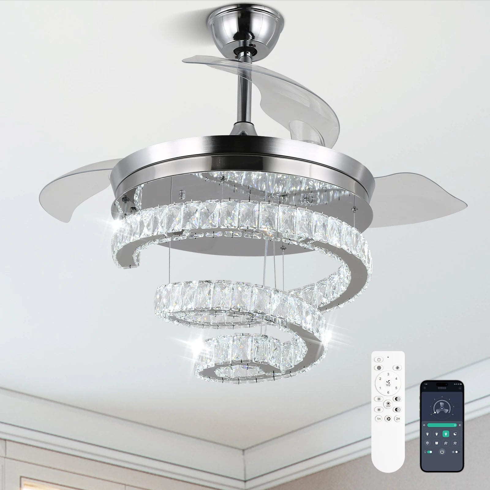 Crystal Large Ceiling Light Fan Luxury Chandelier Led Ceiling Fan Chrome Modern Residential Smart Home Ceiling Fan with Light