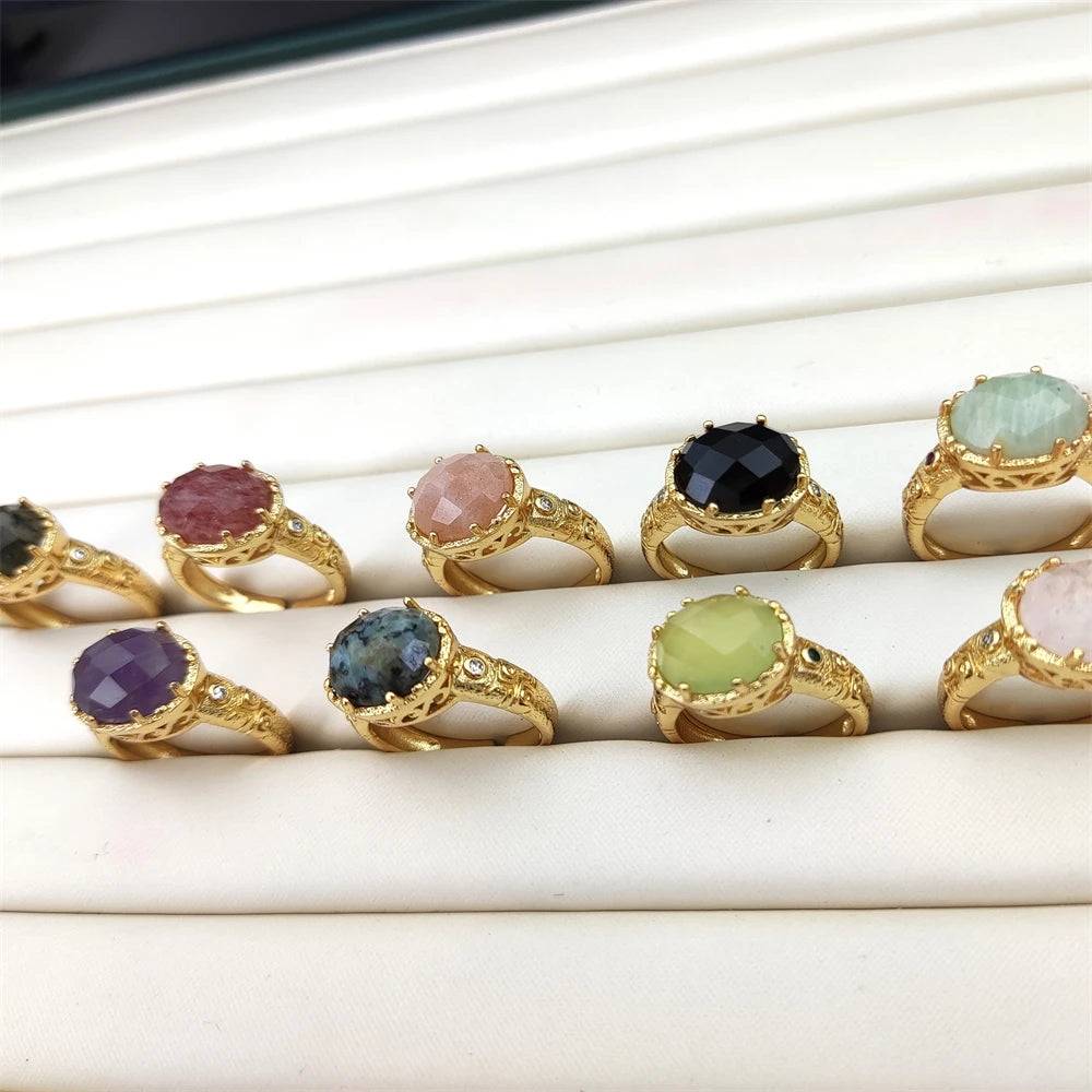 2026 New Arrivals Oval Shaped Stones Natural Crystal Ring Black Obsidian Labradorite Amethyst Stone Ring Free Size for Women