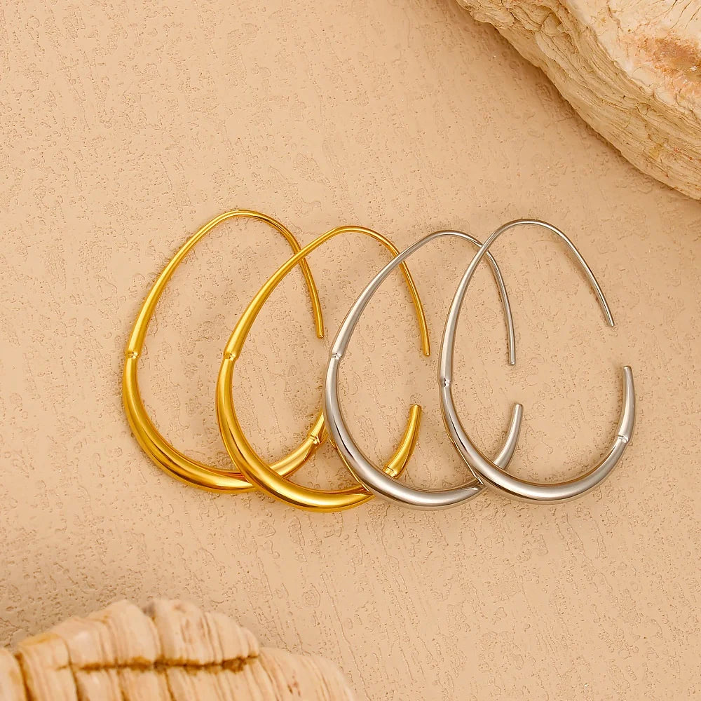 Wholesale Fashion Jewelry 18K Gold Stainless Steel Temperament Oval Hook Earrings Plain Water Drop Hoop Earrings for Women