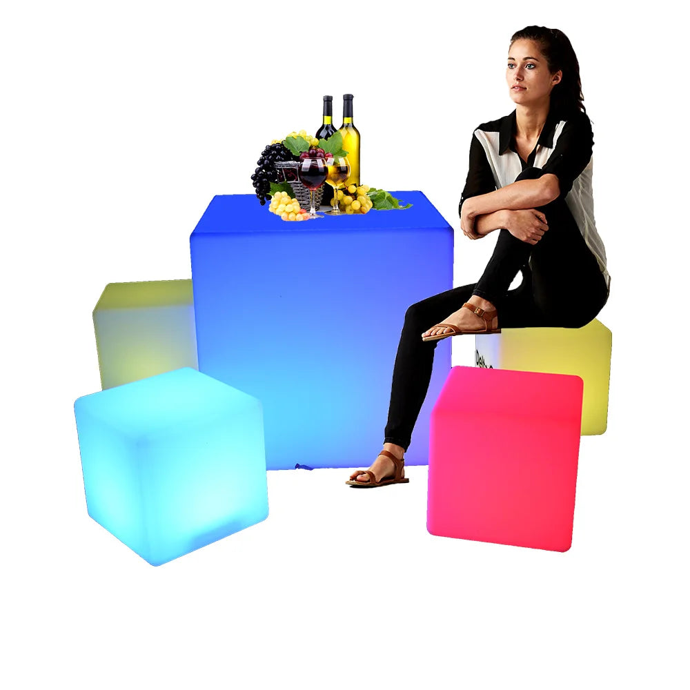 Plastic Modern LED Cube Bar Stool 16 Inch Light Commercial Furniture for Hotel and Outdoor Use