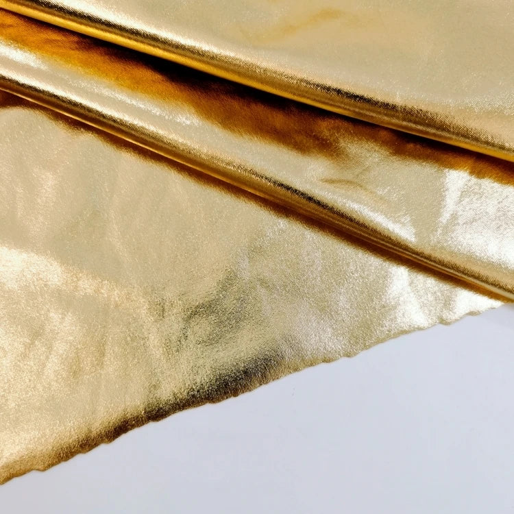 Soft Inspired Golden Vinyl Elastic Shiny Textile PU Fabric Material Stretch and Waterproof for Clothing Sofa and Bag Low MOQ
