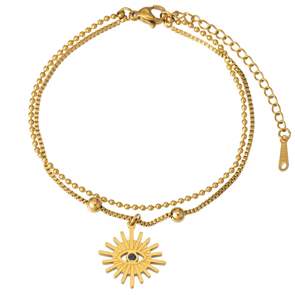 Exquisite Fashionable Jewelry Stainless Steel 18K Gold Plated Box Bead Chain Double Layer Evil Eye Pendant Bracelet