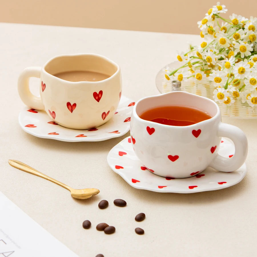 Ins Irregular Shape Cute Heart Coffee Mug Saucer Set Couple Gift logo Printed Ceramic Custom Espresso Cups