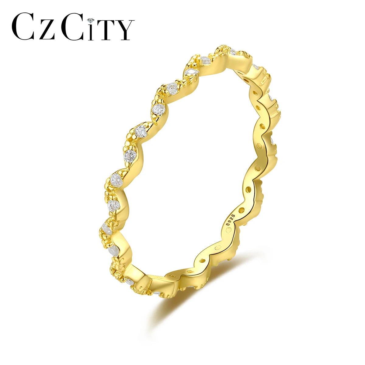 CZCITY Trendy Korean Women Men Rings 14K Gold Plated Round Tiny CZ Finger Wedding CZ Wave Ring