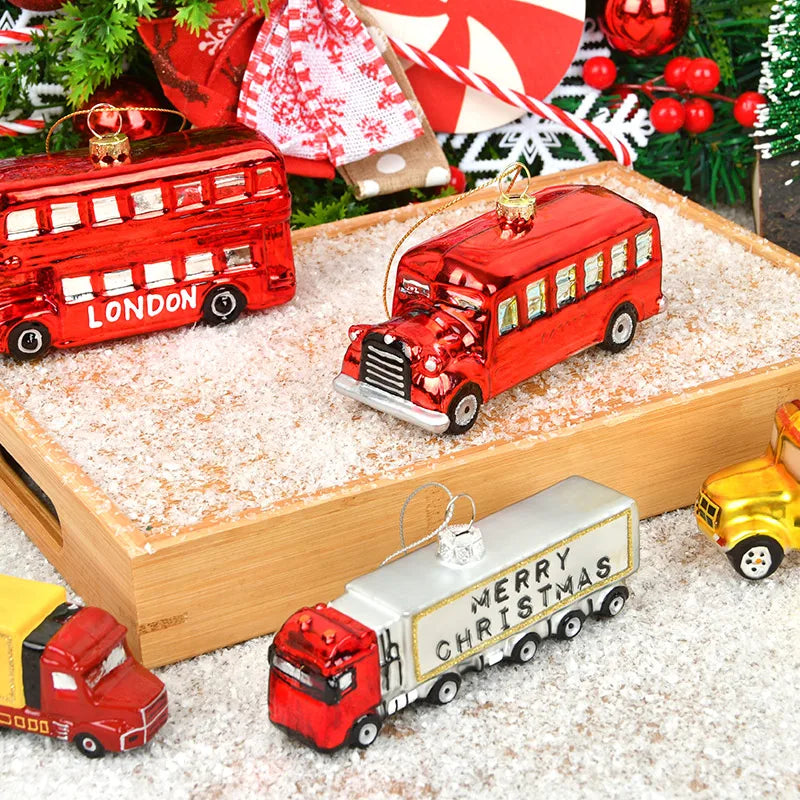 Handmade Painted Truck Christmas Tree Hanging Decoration Glass Shaped School Bus Bus Trailer Unique Bus Ornament Holiday Season MegaBDM