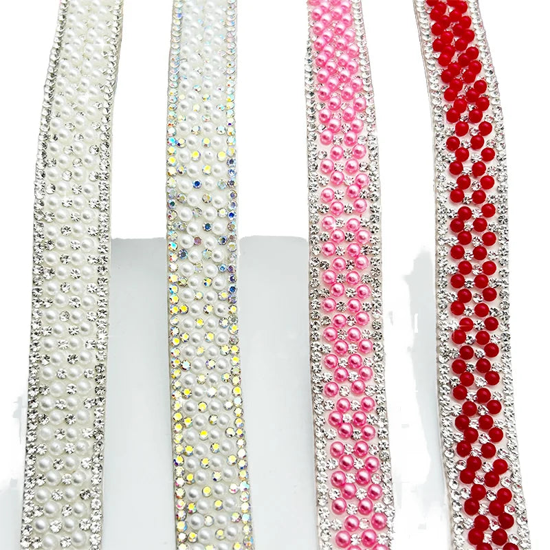 Wholesale 1cm White Pearl Beads Trim Self-Adhesive Crystal Mesh Strip Rhinestone Decal Decoration