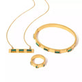 Trendy Zircon Bangle Stainless Steel Square Inlaid Emerald Green Cubic Zirconia Ring Necklace Set