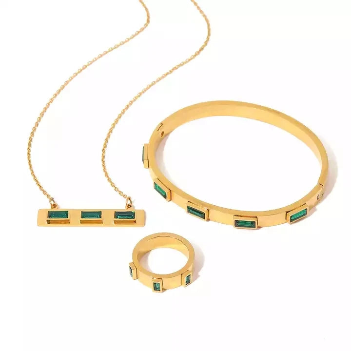 Trendy Zircon Bangle Stainless Steel Square Inlaid Emerald Green Cubic Zirconia Ring Necklace Set