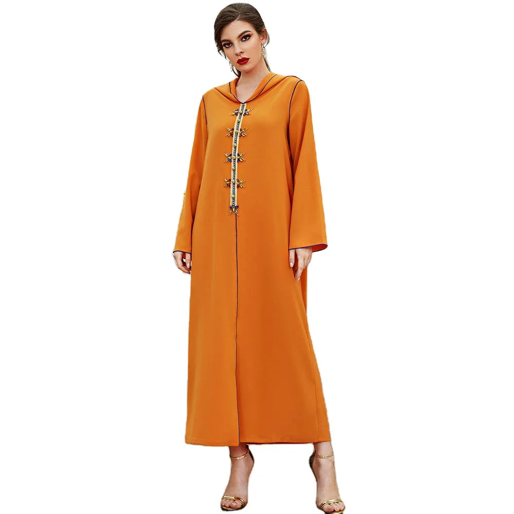 2025 New Coming Plain Color Orange Red Long Style Rhinestone Button Lace Decoration Front Slit Turkye Dubai Hoodies Abaya