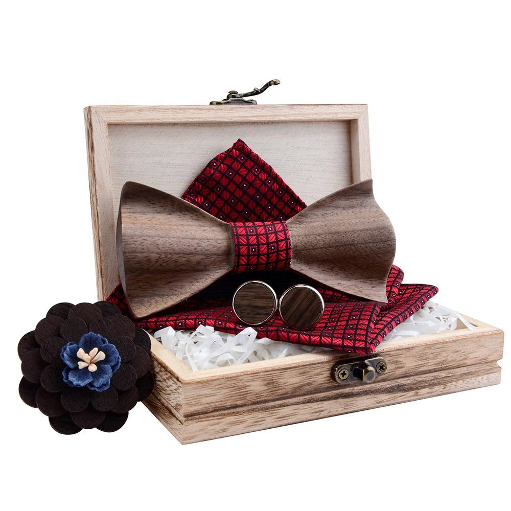 Custom Handmade 4pcs/Set 3D Wooden Bow Tie and Silk Handkerchief Necktie Brooch Cufflink Bowtie With Gift Box