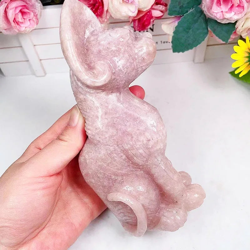 Pink Amethyst Crystal Carving Cat Natural Hand Carved Pink Amethyst Crystal Sphynx Cat for Decoration