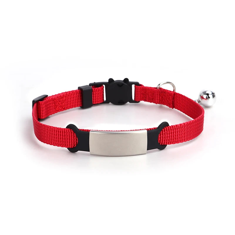 Fashion Pet Cute Personalized Solid Pattern Plastic Nylon Cat Collar with Laser Engraving and Bell Charm