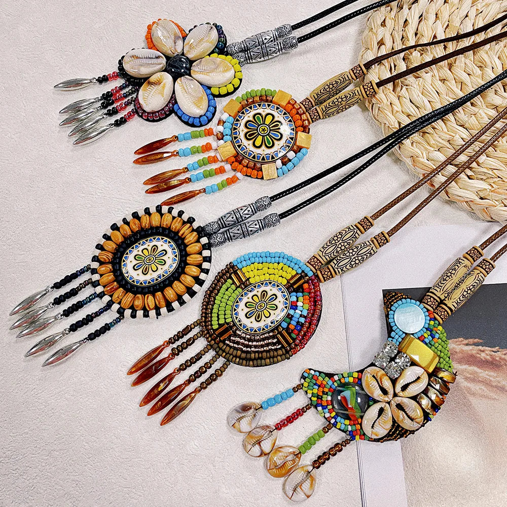 National Style Retro Long Sweater Chain Necklace Boho Handmade Shell Bead Clothing Chain Hanging Decor Fringe Tassel Necklace