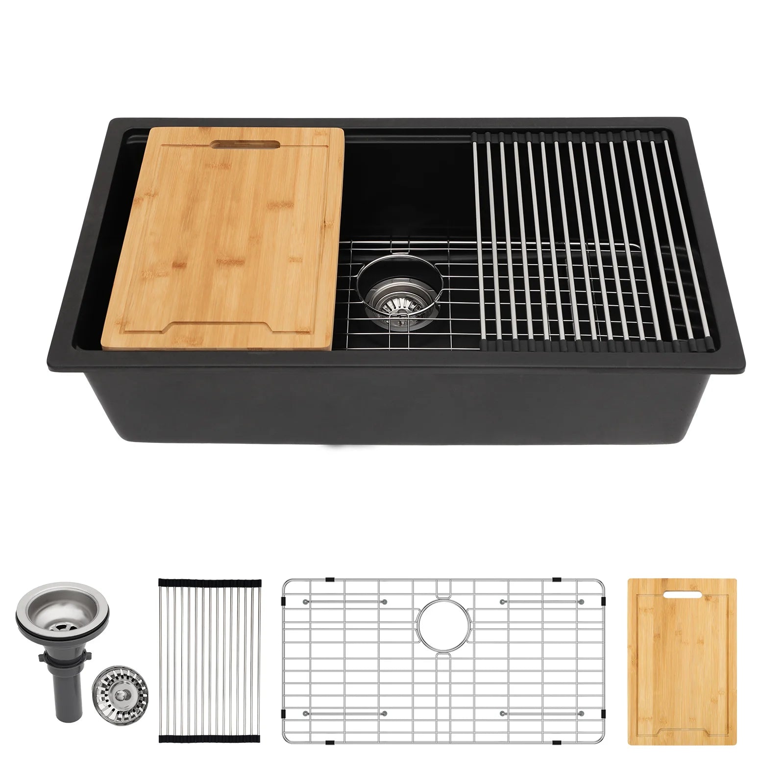 Sarlai Group 32"x19" Quartz Composite  with Ledge Workstation Undermount Matte Black 32 Inches Granite  Kitchen Sink