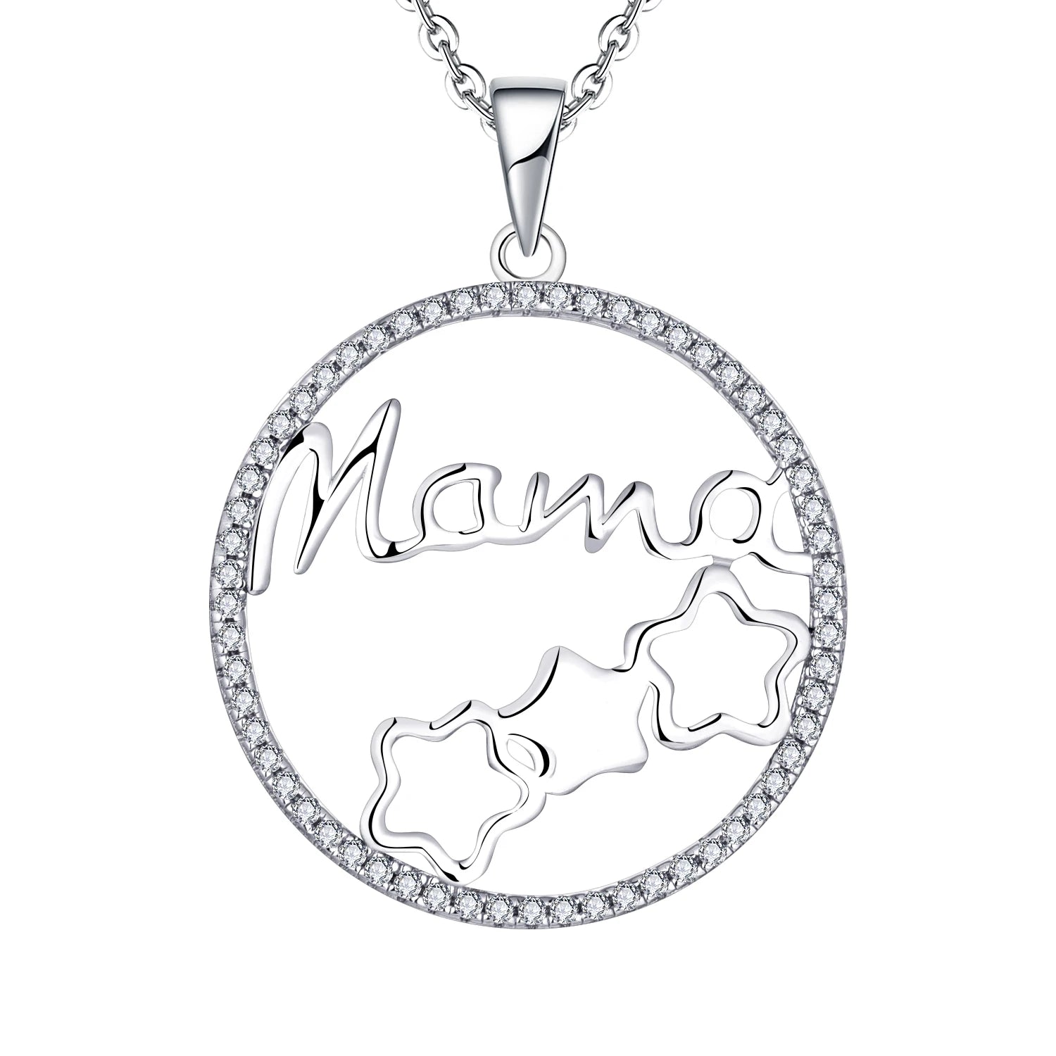 Fashion 925 Sterling Silver Rhodium Plated Custom Mama Name and Three Star Round Shape Mother Gift Pendant Necklace