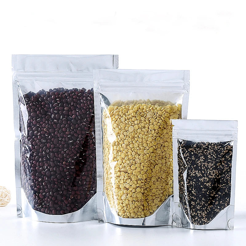 In Stock Clear Front Silver Back Resealable Mylar Gravure Printed Moisture Proof Stand up Pouch for Pet Food & Chewing Gum