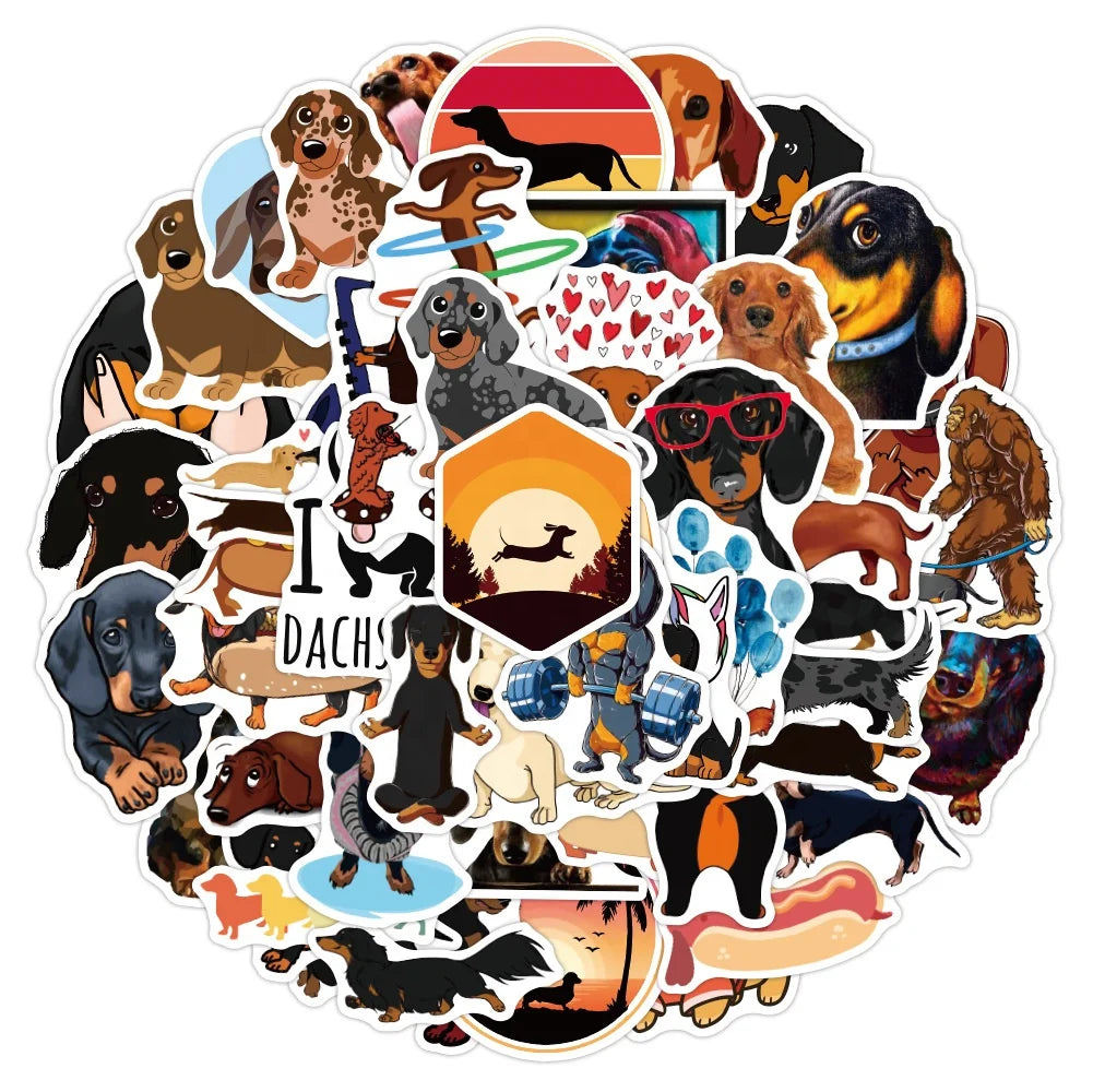 50Pcs Cartoon Dachshund Animal DogStickers for Student Girl Notebook Diary Bottles Cup Bike Car Laptop Stickers Vinyl