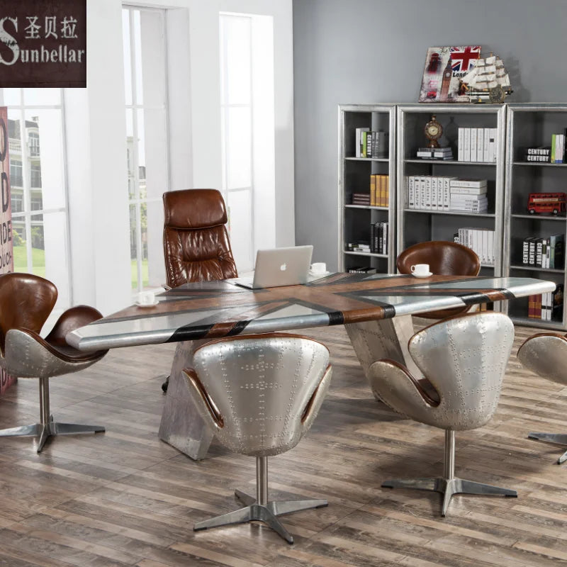 Customized Industrial for Furniture Luxury Executive Office Desk Aluminium Handwork Top Grain Genuine Leather UK Flag Bar