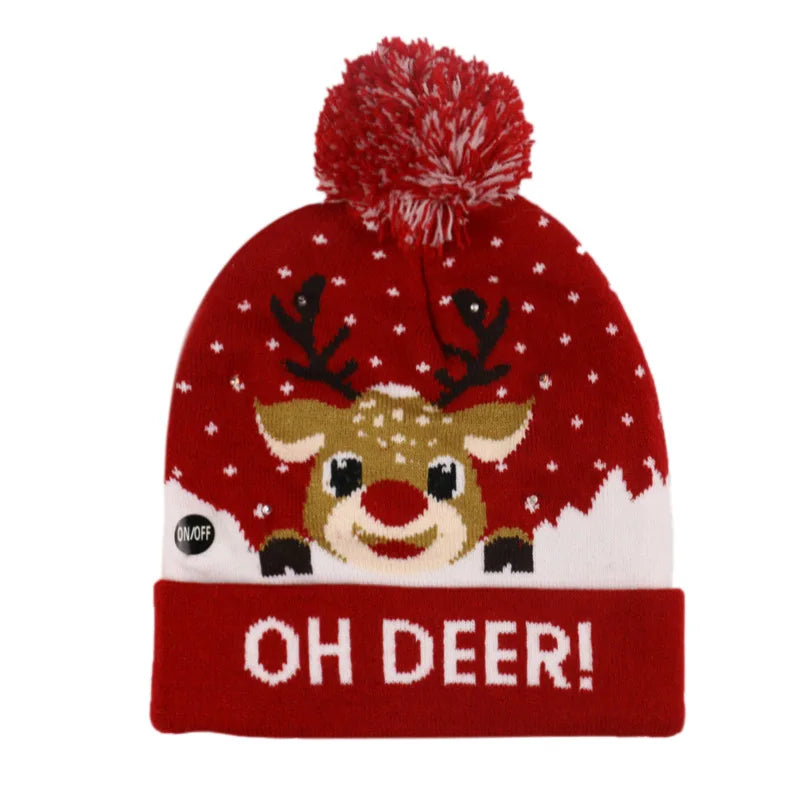 Warm LED Christmas Hat Light up Holiday Hat Cute Reindeer Snowflakes Red Knitted Hat Christmas Beanie