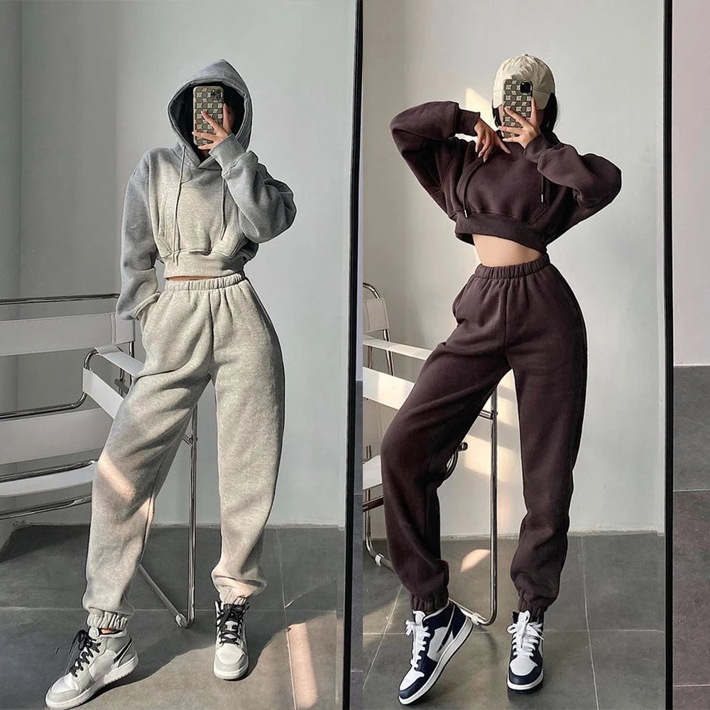 Wholesale Custom Womens Oversize Blank Crop Sweatshirt Sweatpants Tracksuit Jogger Wear Suit Sweatsuit and Hoodie Set for Women